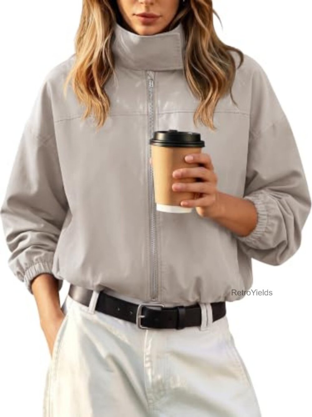 UEAL Funnel Neck Cropped Bomber Jacket Polyester Windproof Casual Zip